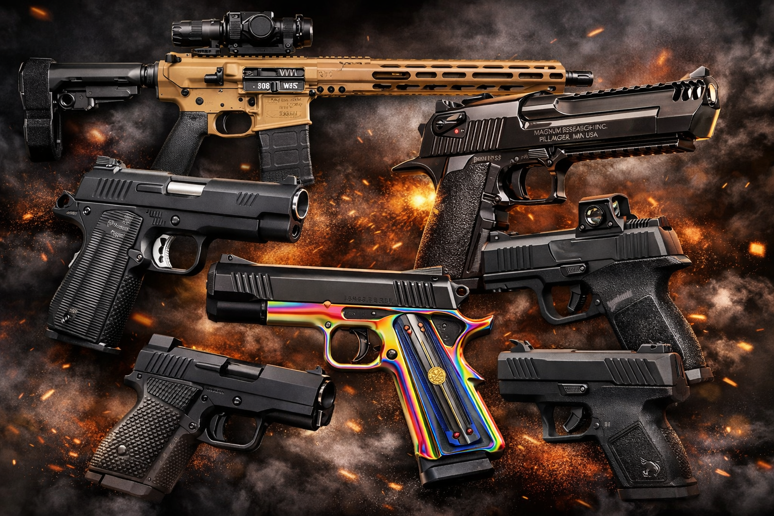 Group of Blvista firearms arranged in a dramatic studio setting